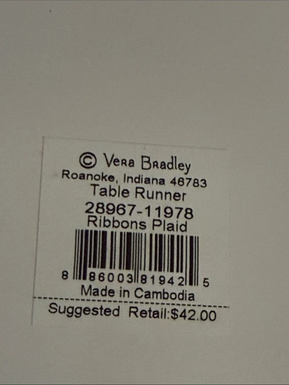 VERA BRADLEY Ribbons Plaid Reversible Table Runner Dining Room Kitchen Paisley